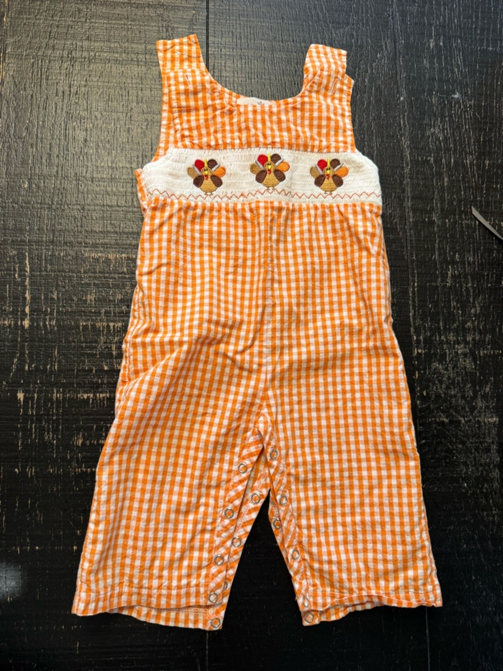 Orange Gingham Kids Overalls with Turkey Embroidery